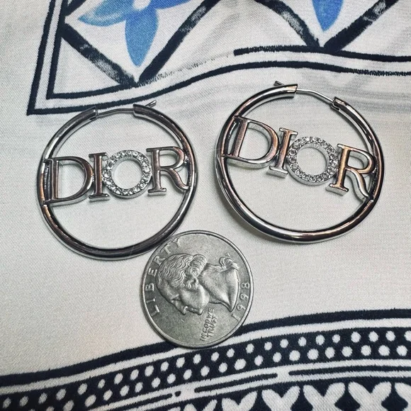 Dior Silver Logo Hoop Earrings with Crystal 'O' - Picture 4 of 6